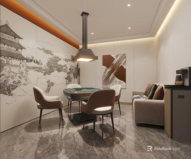 Entertainment Room Interior With Round Table And Chairs Sofa Wall Art Hanging Lamp Marble Floor 3d model 
