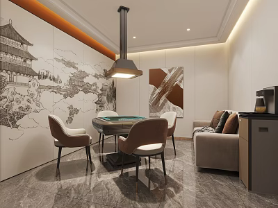 Entertainment Room Interior With Round Table And Chairs Sofa Wall Art Hanging Lamp Marble Floor 3d model