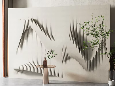 Modern 3D Textured Accent Wall With Wavy Patterns Wooden Side Table And Green Plant 3d model