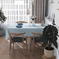 Bright Sunlit Minimalist Dining Room With Natural Wood Chairs And Soft Light Blue Tablecloth
