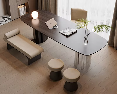 Modern Table Chair Set Interior With Bench Stools Laptop Magazine Plant And Lamp 3d model