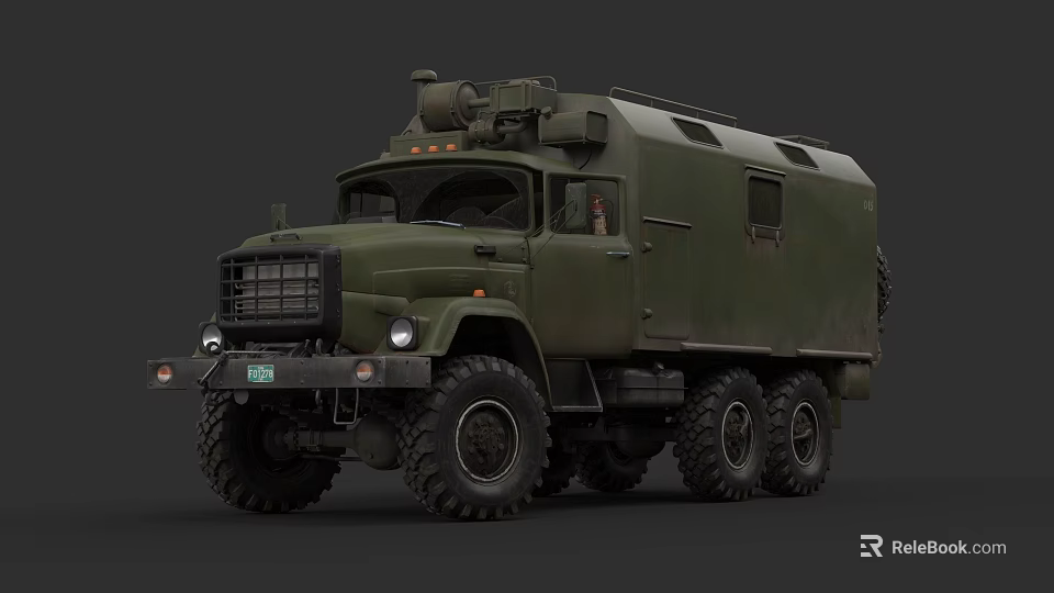 Green Military Style Truck With Multiple Wheels And Roof Mounted Equipment 3d model 