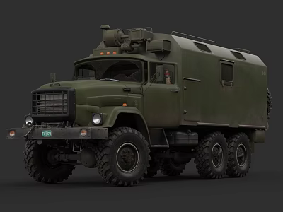 Green Military Style Truck With Multiple Wheels And Roof Mounted Equipment 3d model