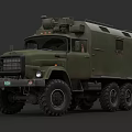Green Military Style Truck With Multiple Wheels And Roof Mounted Equipment