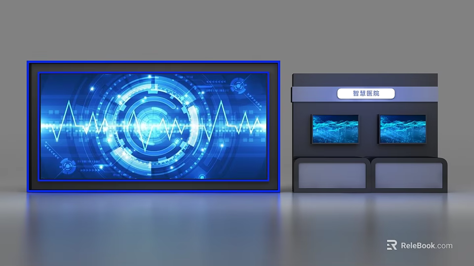 Hi Tech Blue Background Wall With Display Screens Data Charts And Control Panel 3d model