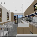 Bright Modern Restaurant Interior With Wooden Tables Chairs Menu Displays And TV Screens