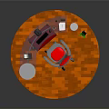 Circular Platform With Orange Floor White Cylindrical Pillar Desk Chair Green Plant And White Container