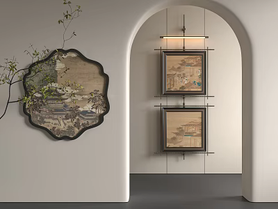 Traditional Chinese Interior With Arched Doorway Hanging Lantern Screen Paintings And Tree Branch 3d model