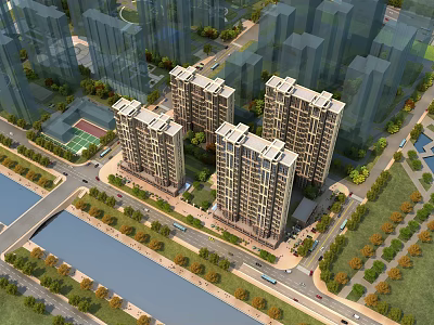 Aerial View Planning of Modern Residential Area with High Rise Buildings River and Green Spaces 3d model