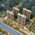 Aerial View Planning of Modern Residential Area with High Rise Buildings River and Green Spaces