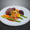 Grilled Steak with Asparagus Carrots Beet and Shredded Vegetable Salad on White Plate