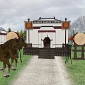 Cartoon Scene With Two Wooden Towers Green Grass Gravel Path And Mountain Background