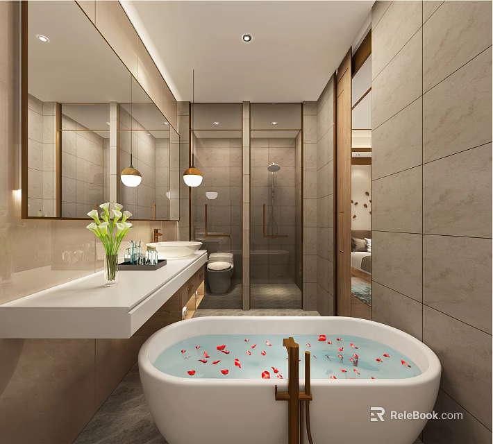 Other Bathroom Modern Interior With Freestanding Bathtub Petals Mirror Sleek Vanity And Lighting 3d model 
