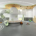 Kindergarten Indoor Play Space With Green Slide Wooden Ceiling Round Patterns And Play Toys