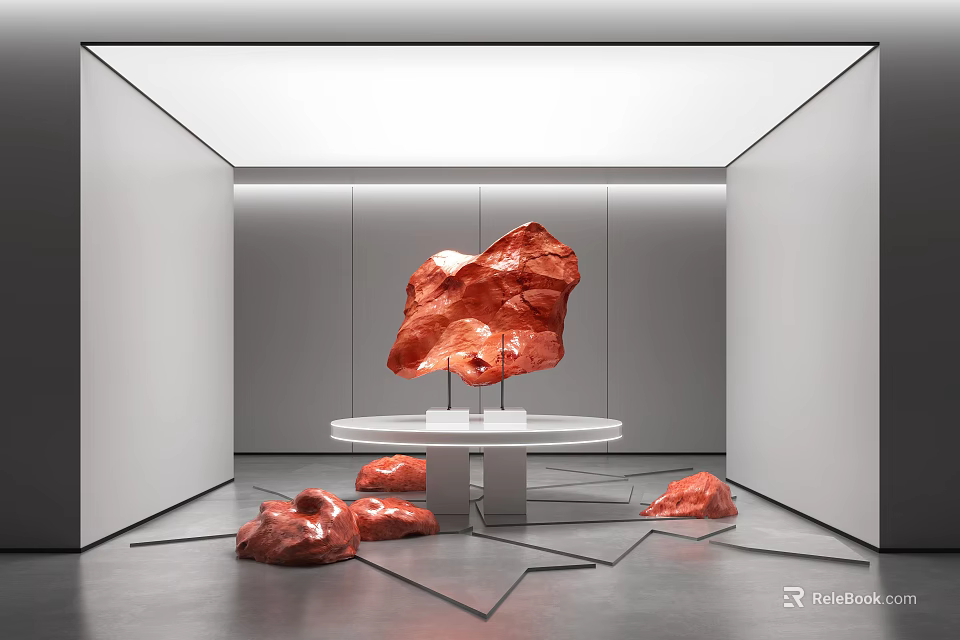 Red Carved Sculptures In Modern White Gallery With Round Table And Floor Artworks 3d model 