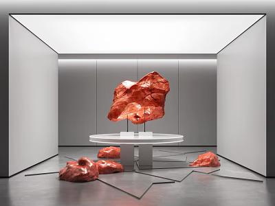 Red Carved Sculptures In Modern White Gallery With Round Table And Floor Artworks 3d model