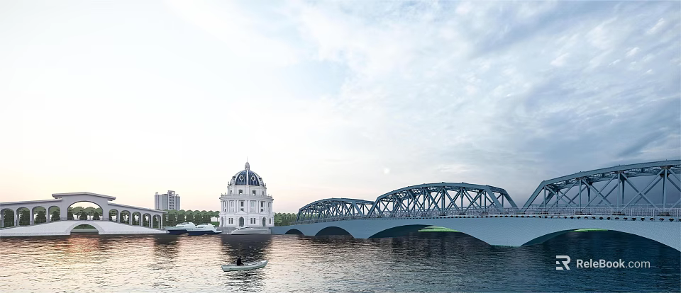 Scenic Steel Arch Bridge Over River With White Domed Building And Small Boat Sunset View 3d model 