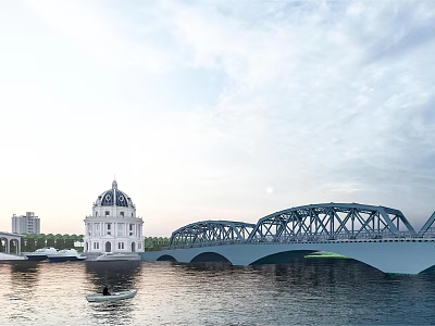 Scenic Steel Arch Bridge Over River With White Domed Building And Small Boat Sunset View 3d model
