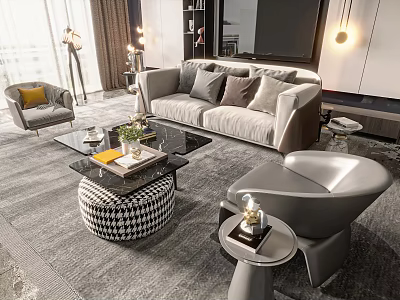 Modern Living Room Sofa And Coffee Table Set With Glass Top Armchair Side Table And Pillows 3d model