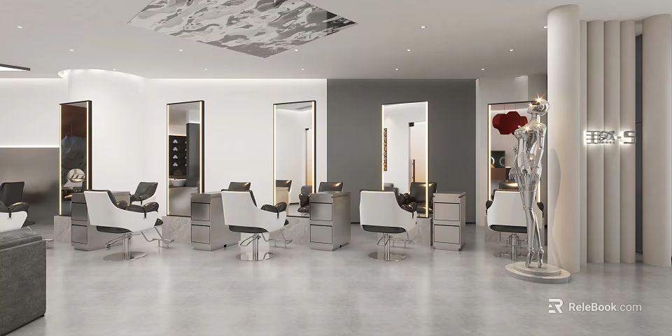 Modern Sleek Beauty Hair Salon Interior Design With Professional Styling Chairs And Backlit Framed Mirrors 3d model 
