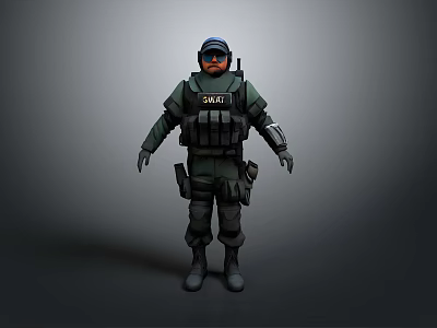 SWAT Team Member In Tactical Uniform With Protective Vest Helmet And Gloves 3d model