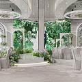 Elegant Banquet Hall With Greenery Decor Chandeliers White Tables And Stage Setup