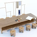 Minimalist Wooden Dining Table And Round Stools Set With Shelves And Wall Decor