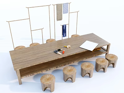 Minimalist Wooden Dining Table And Round Stools Set With Shelves And Wall Decor 3d model