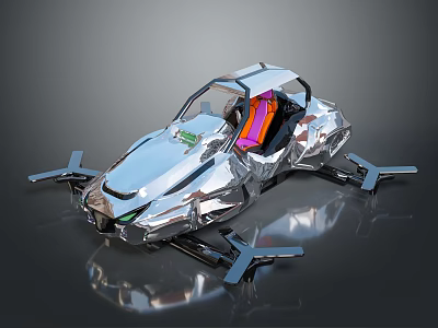 Silver Metallic Flying Car With Four Rotors And Purple Seats Futuristic Design 3d model