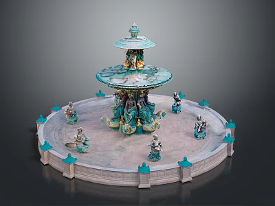 Ornate Multi Tiered Fountain With Turquoise Gold Accents And Statues On Circular Base 3d model
