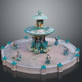 Ornate Multi Tiered Fountain With Turquoise Gold Accents And Statues On Circular Base