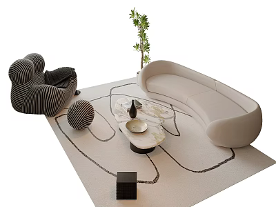 Curved Beige Sofa And Marble Coffee Table Set With Neutral Rug Potted Plant Decorative Accents 3d model