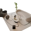 Curved Beige Sofa And Marble Coffee Table Set With Neutral Rug Potted Plant Decorative Accents