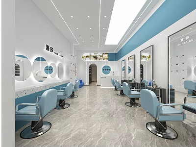 Modern Beauty Salon Interior With Blue Chairs Mirrors White And Blue Walls Marble Floor 3d model