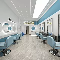 Modern Beauty Salon Interior With Blue Chairs Mirrors White And Blue Walls Marble Floor