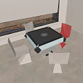 Modern Entertainment Table with Red and Metallic Chairs and Flaming Fireplace in Contemporary Interior