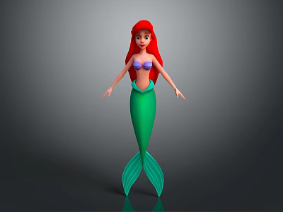 Red Haired Mermaid Game Character With Purple Top Green Tail 3D Model On Gray Background 3d model