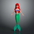 Red Haired Mermaid Game Character With Purple Top Green Tail 3D Model On Gray Background
