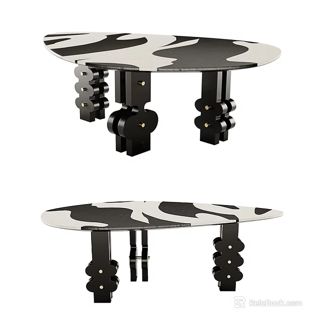 Stylish Black And White Dining Table Set With Cow Print Tabletop And Unique Legs 3d model 