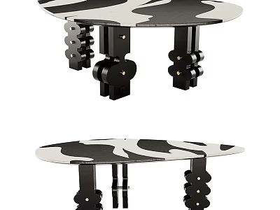 Stylish Black And White Dining Table Set With Cow Print Tabletop And Unique Legs 3d model