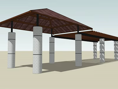 Spacious Outdoor Open Structure Featuring Textured White Columns And Brown Lattice Roof 3d model