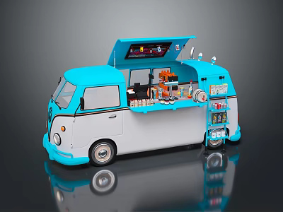 Blue And White Mobile Beverage Truck With Open Top And Drink Dispensing Equipment 3d model