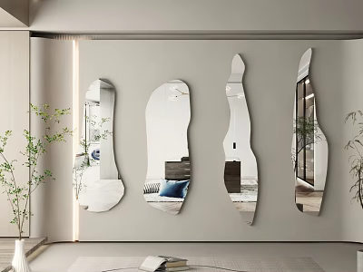 Multiple Irregular Shape Decorative Mirrors on Modern Living Room Wall with Green Plants 3d model