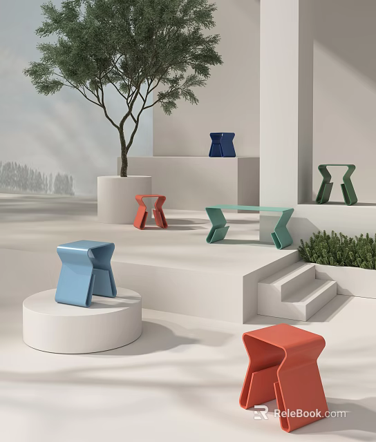 Modern Colorful Stools Display On White Platforms With Tree And Greenery 3d model
