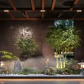 Indoor Landscape with Bamboo Stones Small Lanterns Mist Against Dark Walls Wooden Beams and Lighting
