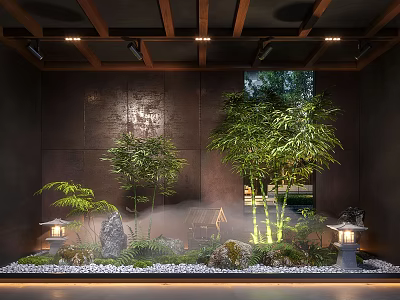 Indoor Landscape with Bamboo Stones Small Lanterns Mist Against Dark Walls Wooden Beams and Lighting 3d model