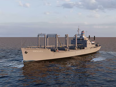 Large Cargo Ship Sailing On Open Ocean Under Cloudy Sky 3d model