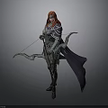 A Female Warrior with Red Hair in Armor Holding Bow and Arrow and Cloak