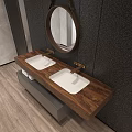Modern Bathroom Vanity With Black Wall Round Mirror Pendant Lights And Wooden Countertop