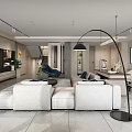 Modern Living Dining Room Interior With Sofa Dining Table Pendant Lights And Office Chair